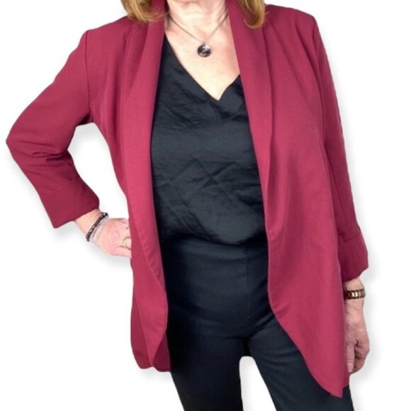Love and Liberty Burgundy Crepe Blazer‎ Open Front Size Medium Stretch Cotton M - Picture 3 of 9
